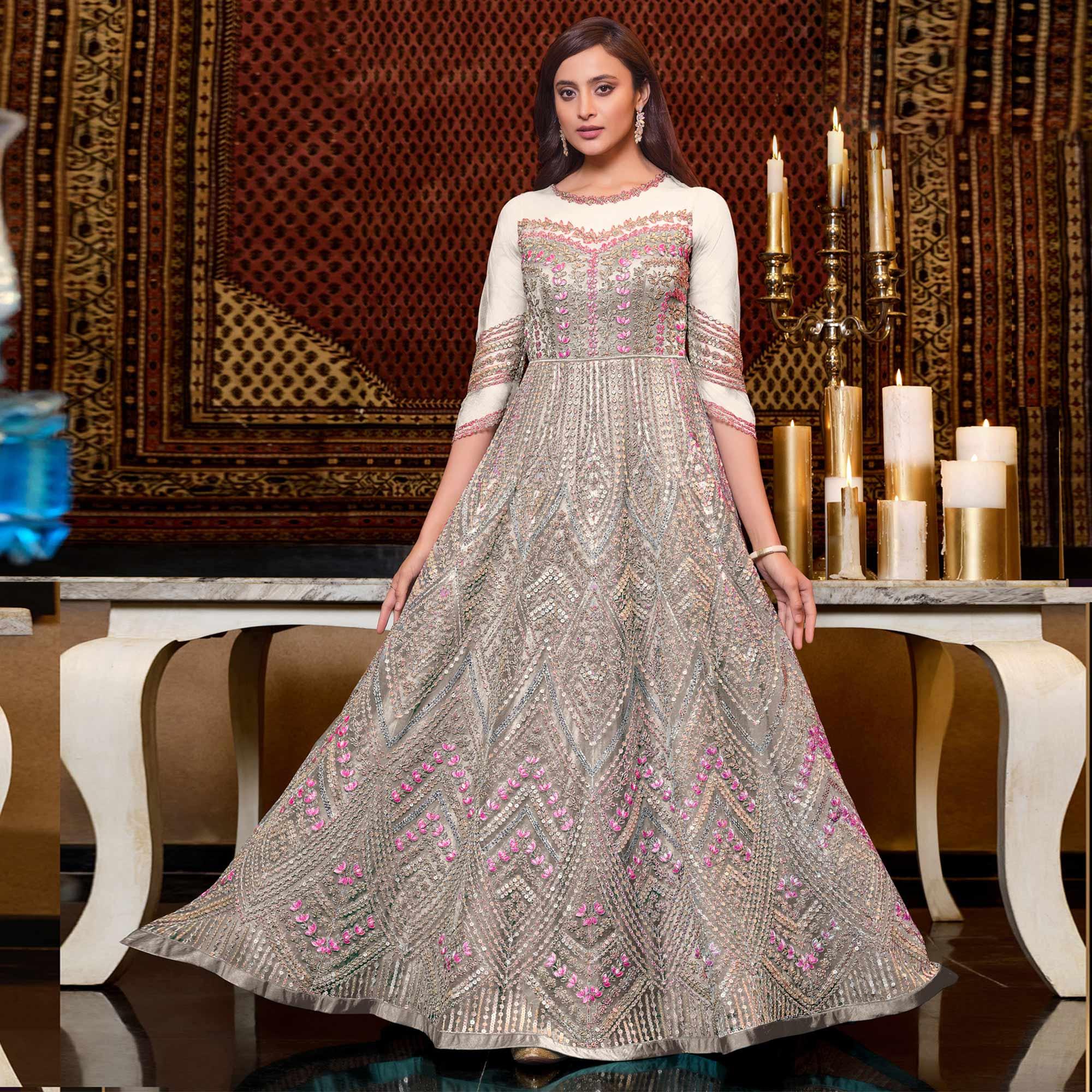 White Designer Partywear Embroidered Heavy Net Anarakali Suit - Peachmode