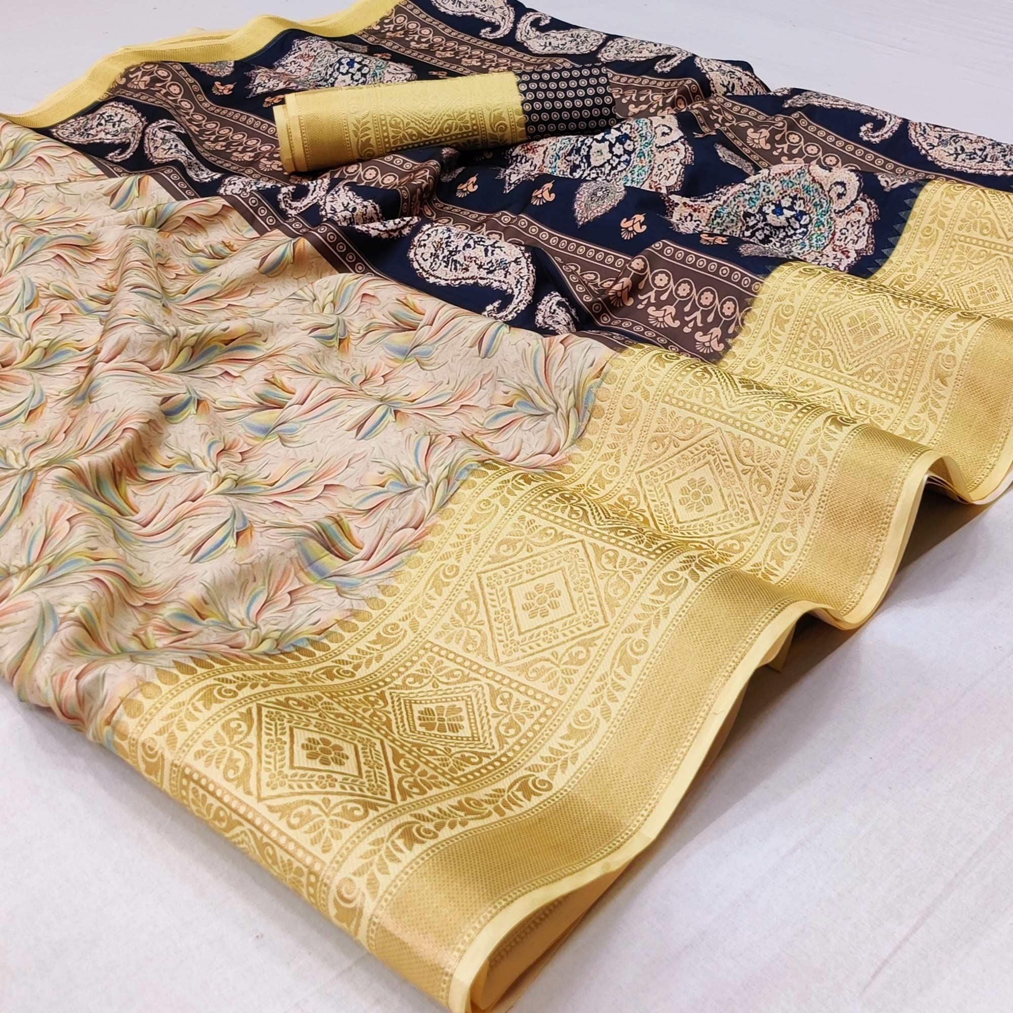 White Digital Printed Art Silk Saree - Peachmode