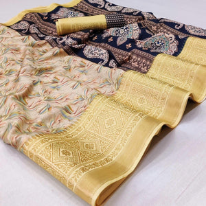 White Digital Printed Art Silk Saree - Peachmode