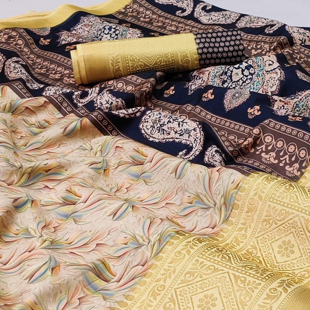 White Digital Printed Art Silk Saree - Peachmode