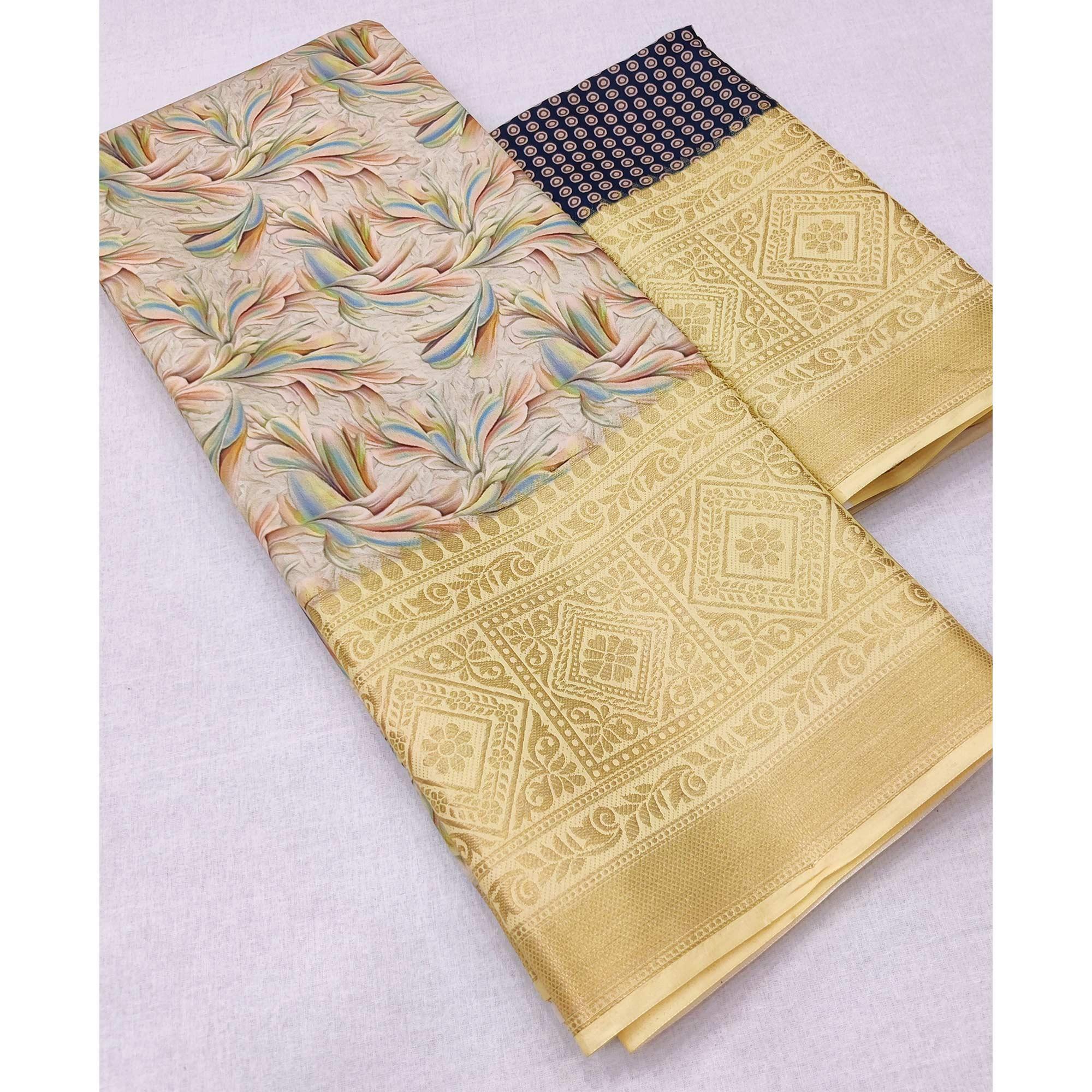 White Digital Printed Art Silk Saree - Peachmode