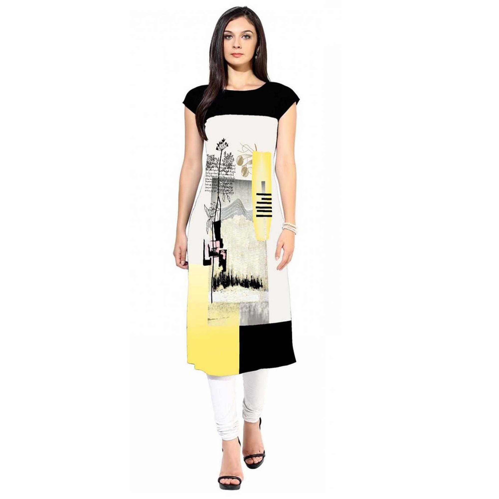 White Digital Printed Crepe Kurti - Peachmode