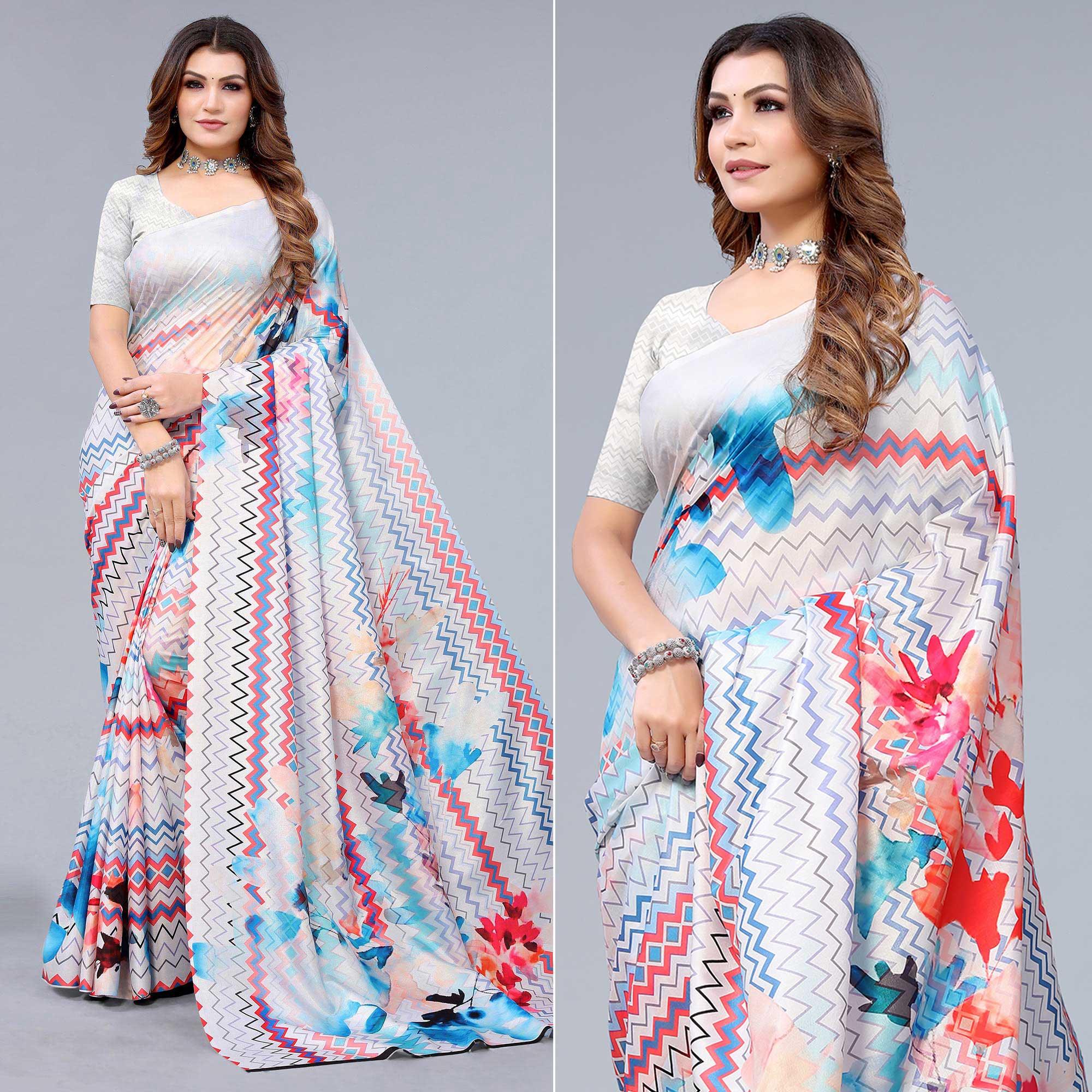 White Digital Printed Dola Silk Saree - Peachmode