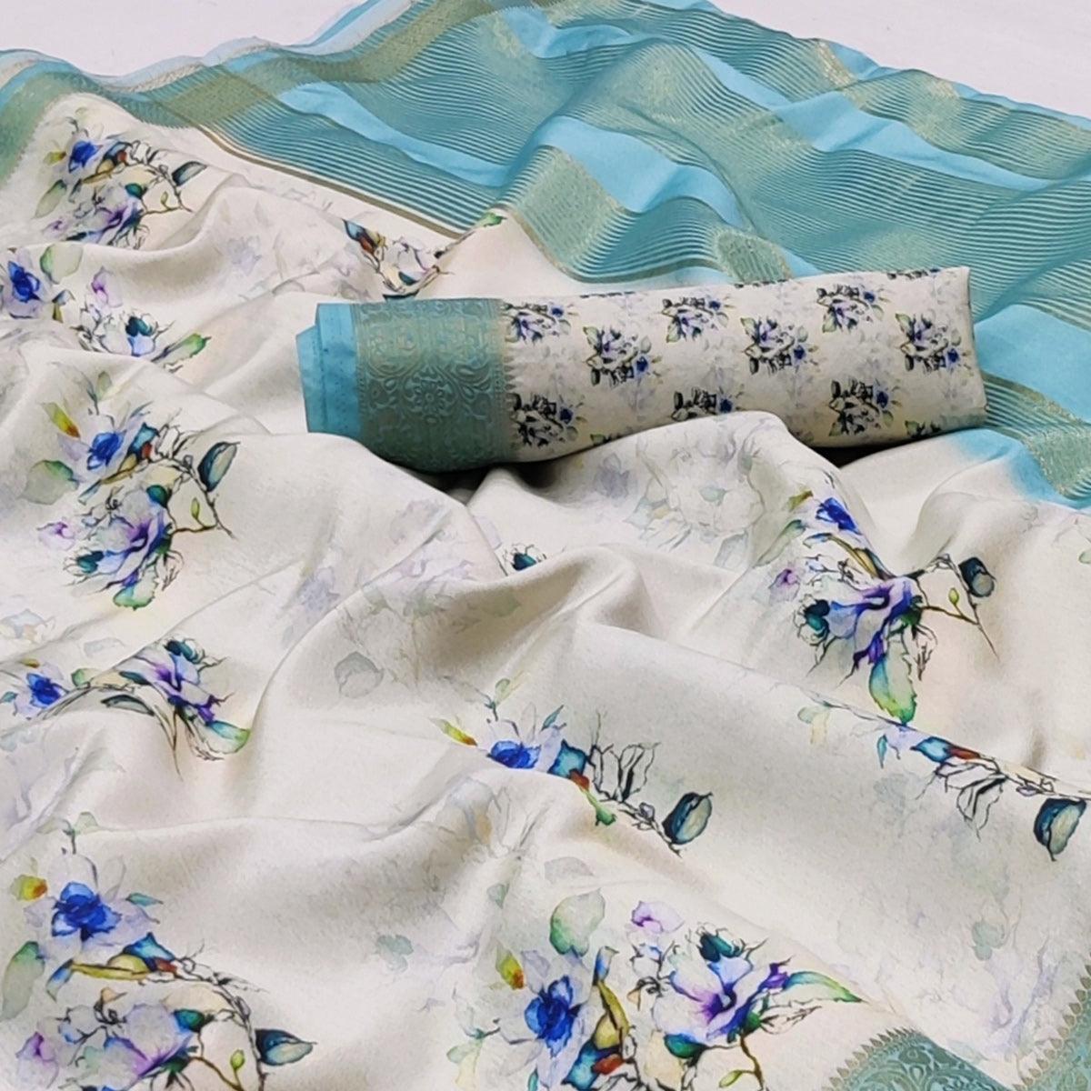 White Digital Printed Dola Silk Saree - Peachmode