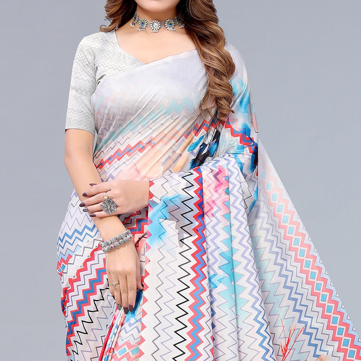 White Digital Printed Dola Silk Saree - Peachmode