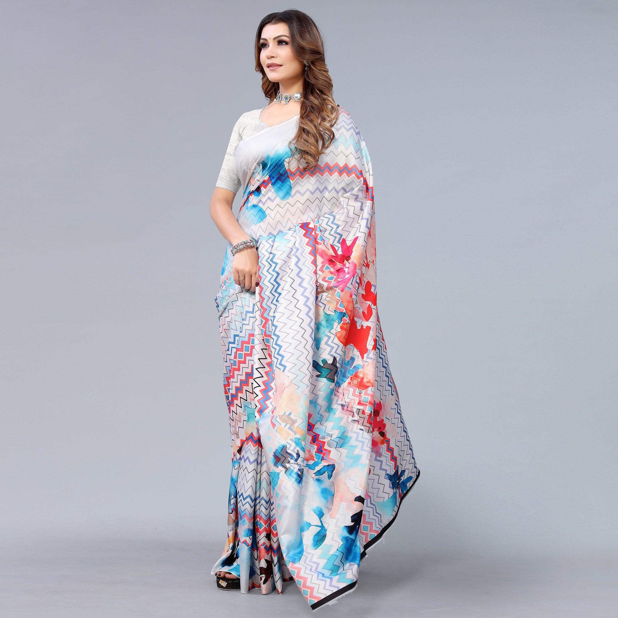 White Digital Printed Dola Silk Saree - Peachmode