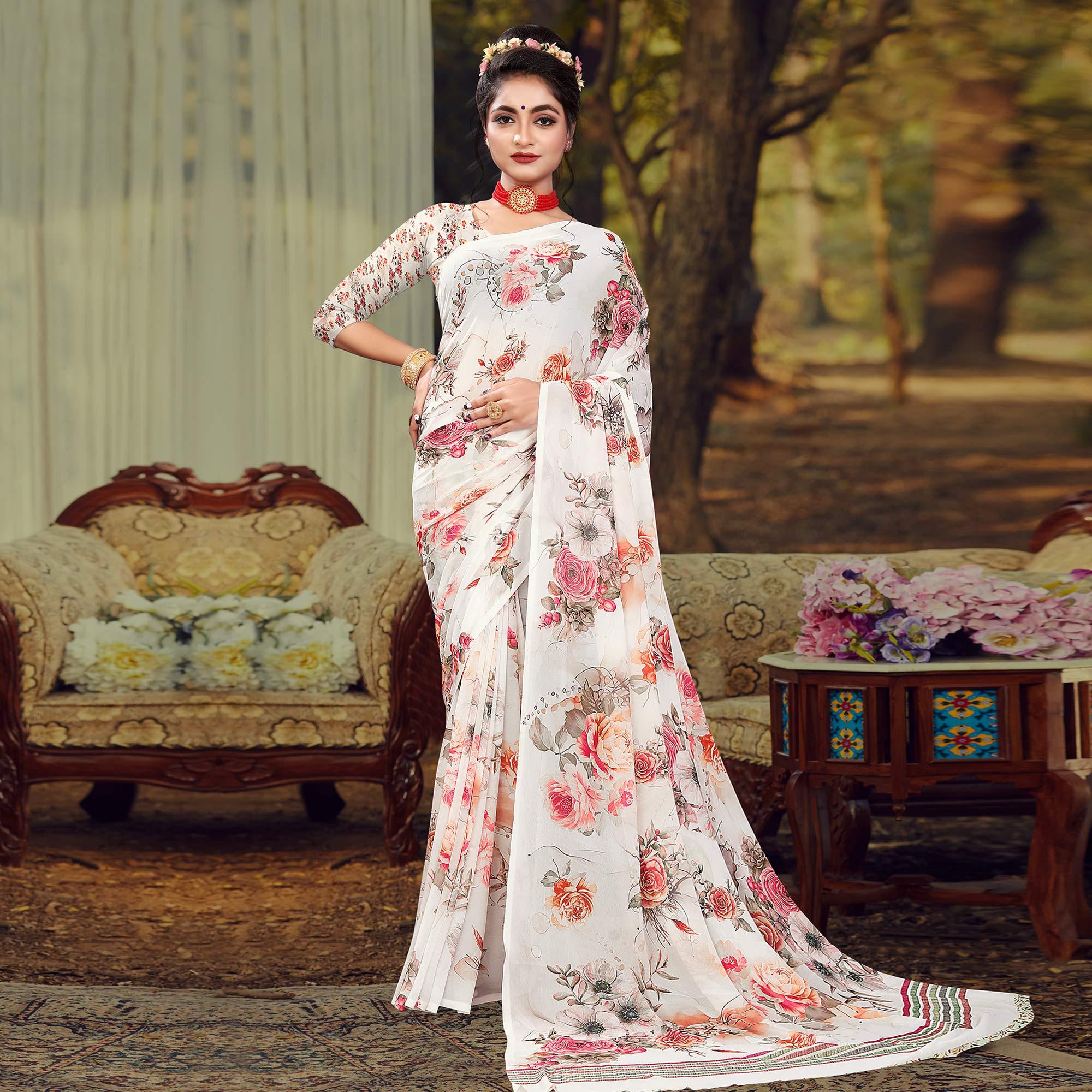 White Digital Printed Georgette Saree - Peachmode