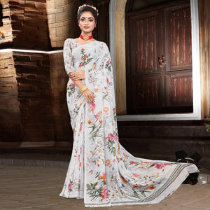 White Digital Printed Georgette Saree - Peachmode