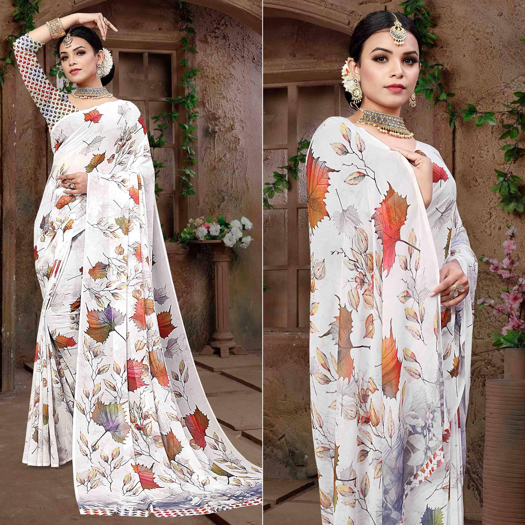 White Digital Printed Georgette Saree - Peachmode