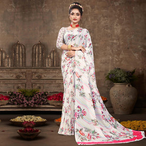 White Digital Printed Georgette Saree - Peachmode