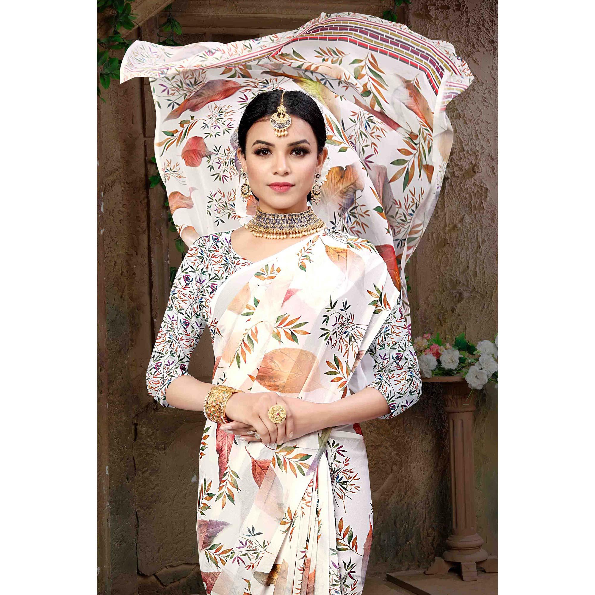White Digital Printed Georgette Saree - Peachmode