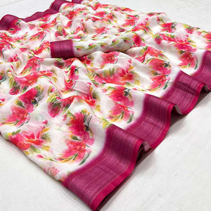 White Digital Printed Linen Saree - Peachmode