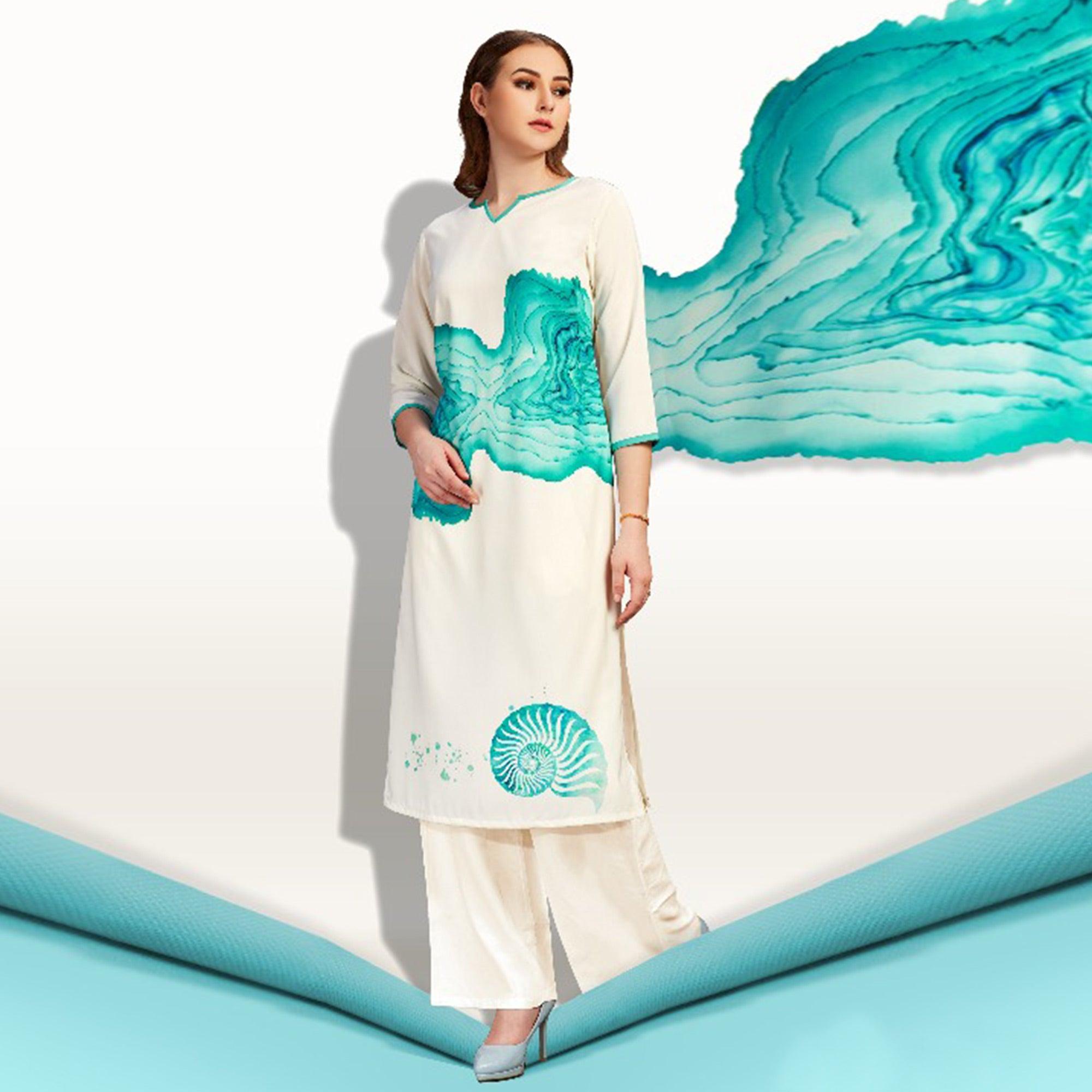 White Digital Printed Pure Cotton Kurti - Peachmode