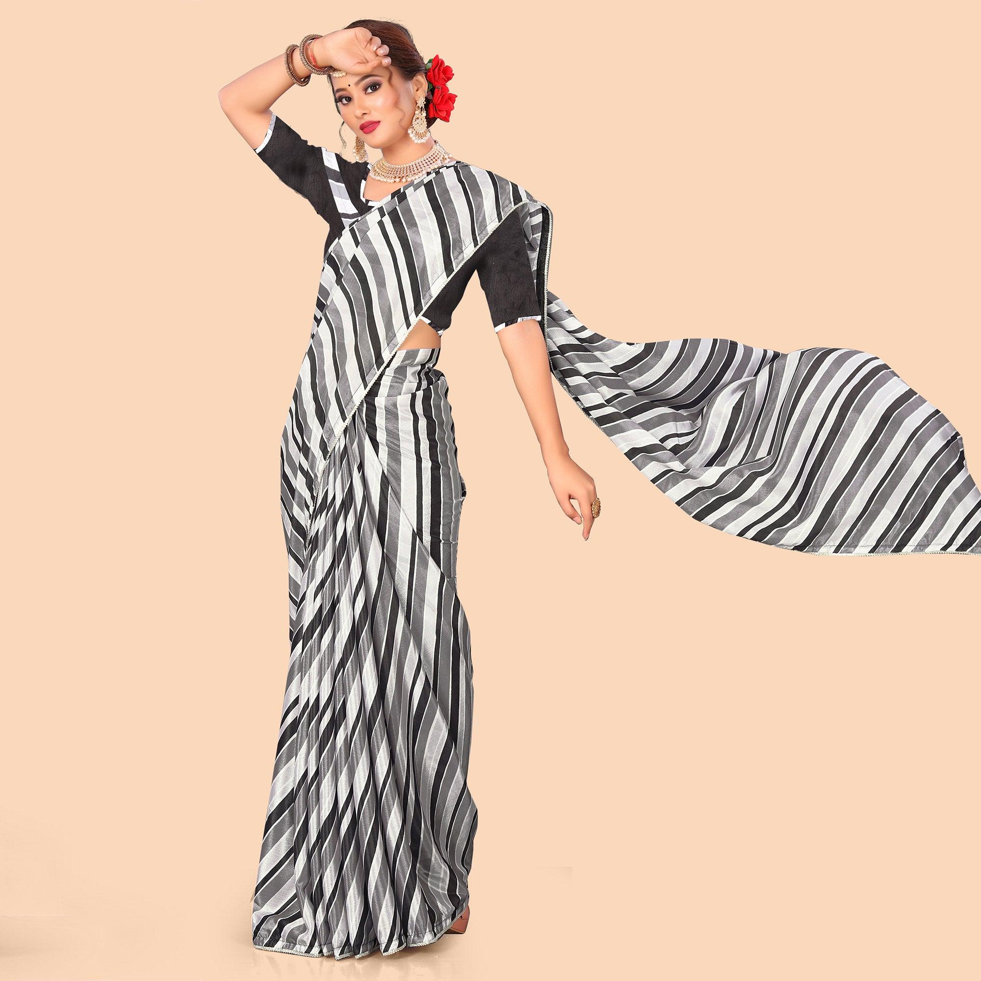 White Digital Printed With Fancy Border Chiffon Saree - Peachmode