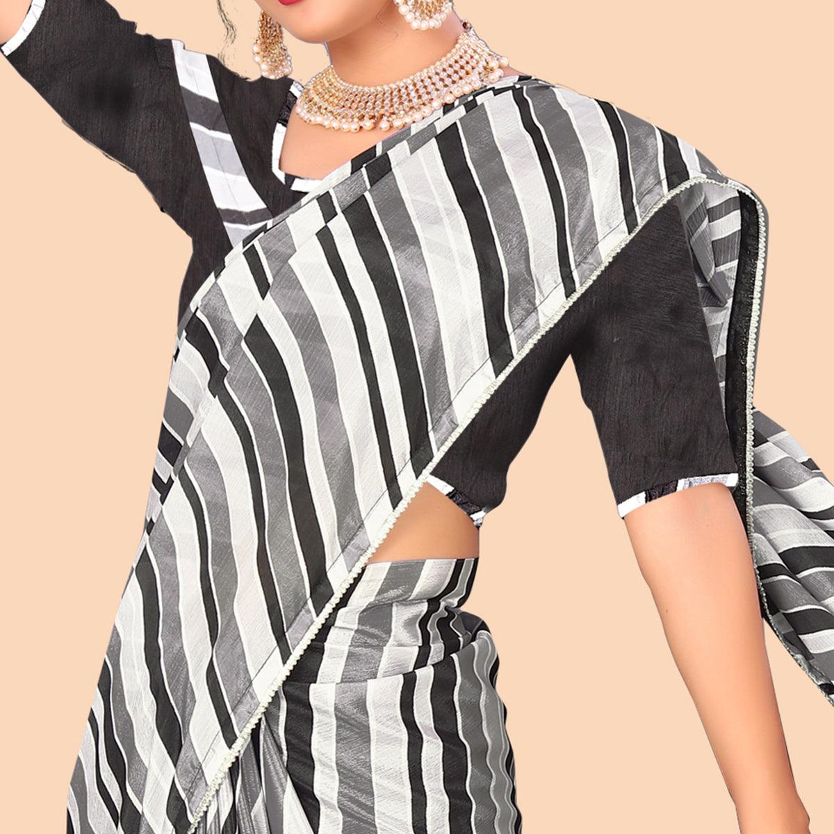 White Digital Printed With Fancy Border Chiffon Saree - Peachmode