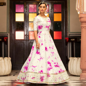 White Digital Printed With Sequence Embroidered Poly Cotton Gown - Peachmode