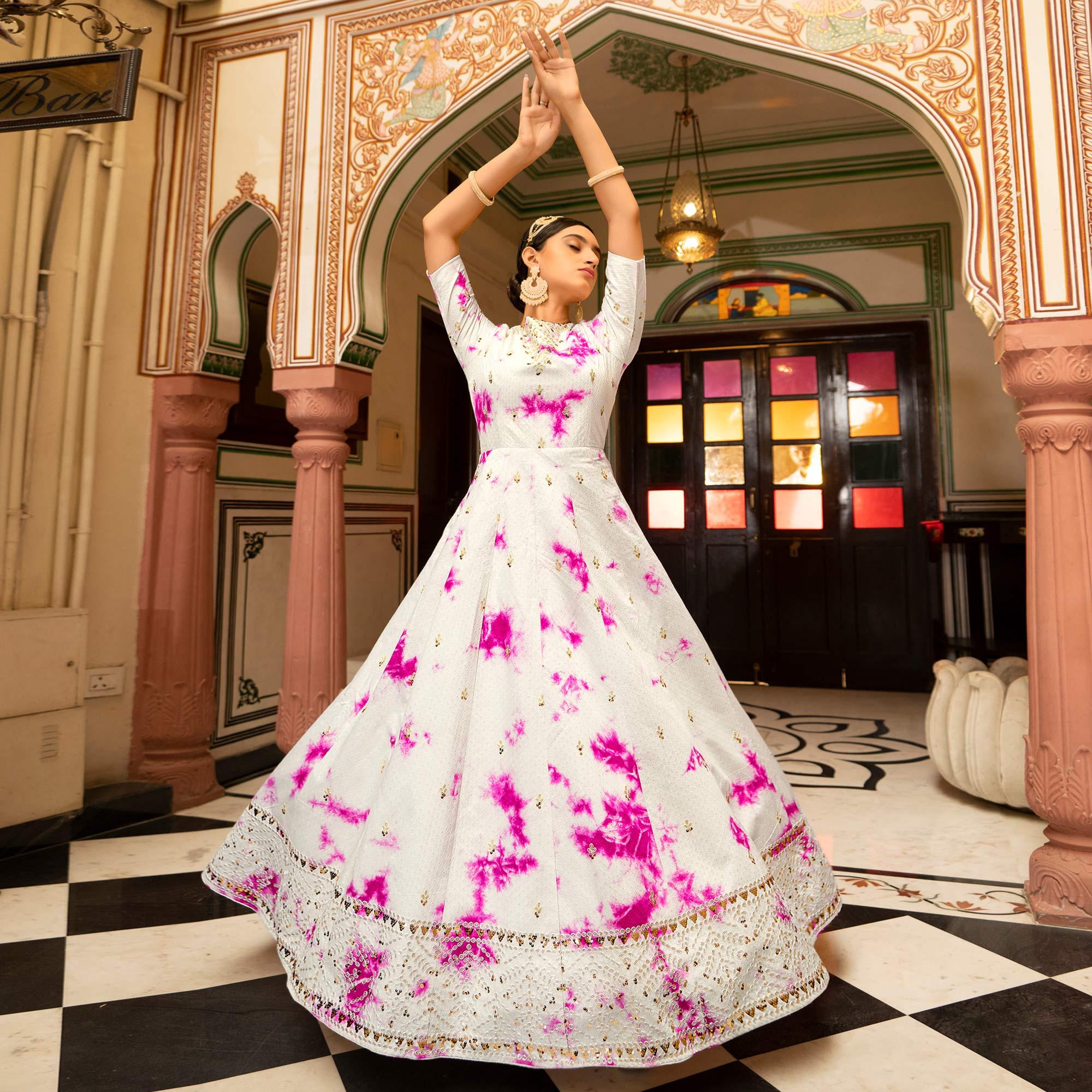 White Digital Printed With Sequence Embroidered Poly Cotton Gown - Peachmode