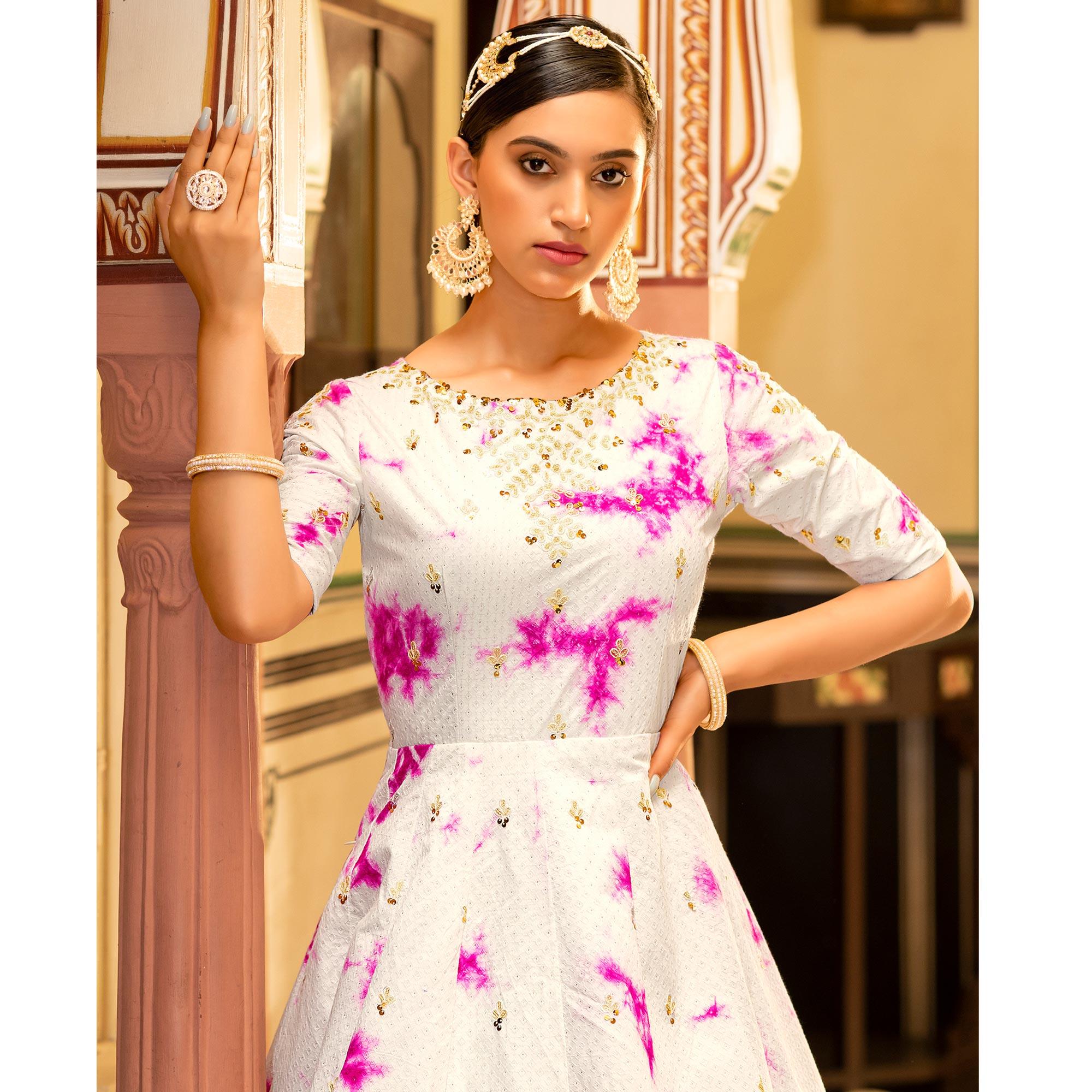 White Digital Printed With Sequence Embroidered Poly Cotton Gown - Peachmode