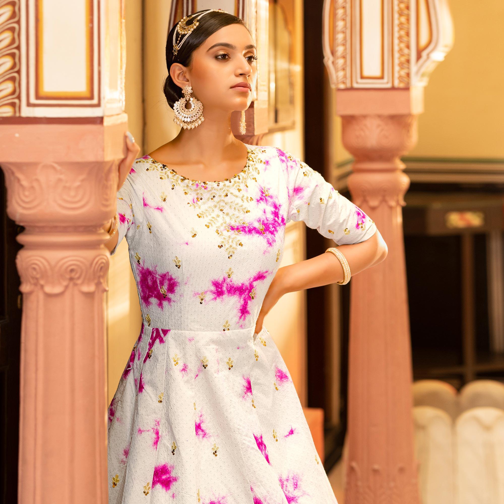 White Digital Printed With Sequence Embroidered Poly Cotton Gown - Peachmode