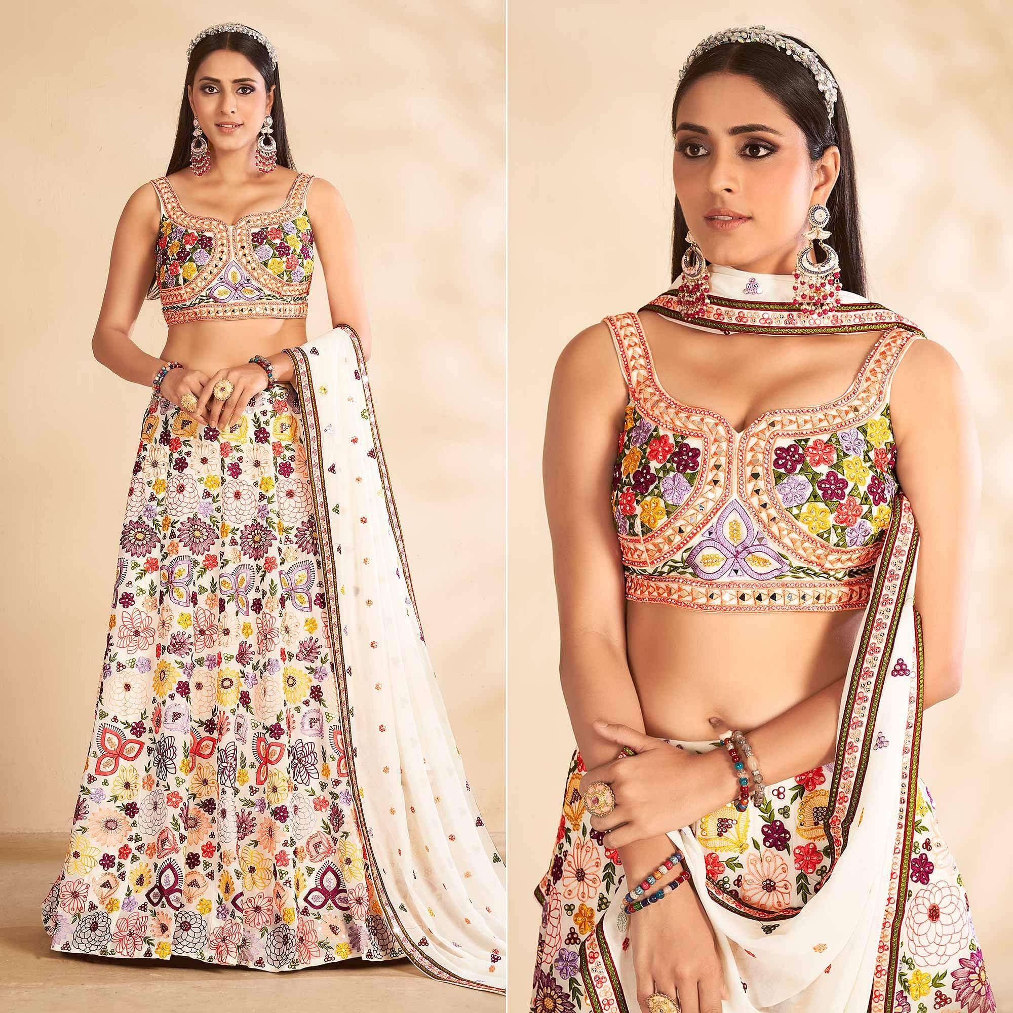 White Embellished With Embroidered Georgette Lehenga Choli - Peachmode