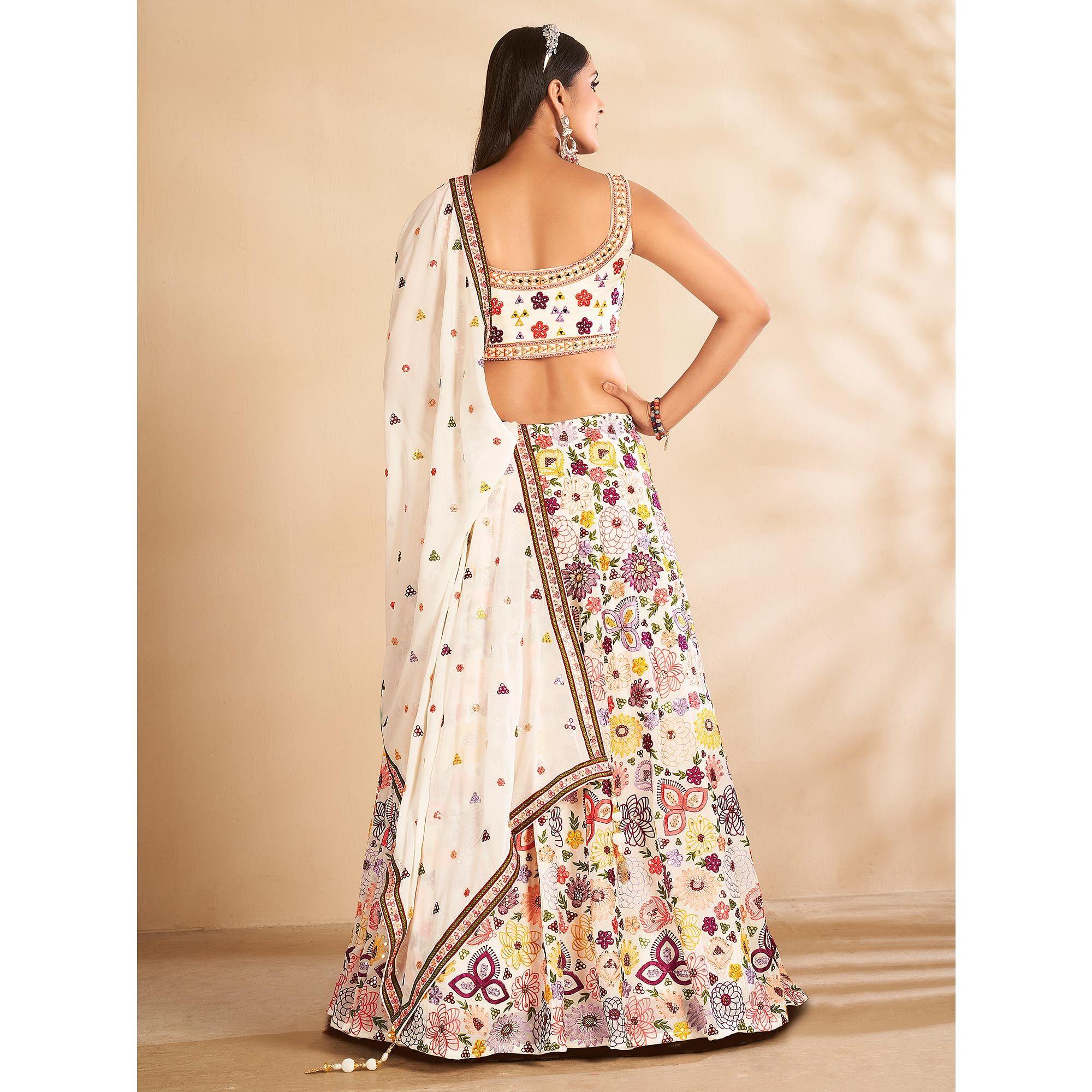 White Embellished With Embroidered Georgette Lehenga Choli - Peachmode