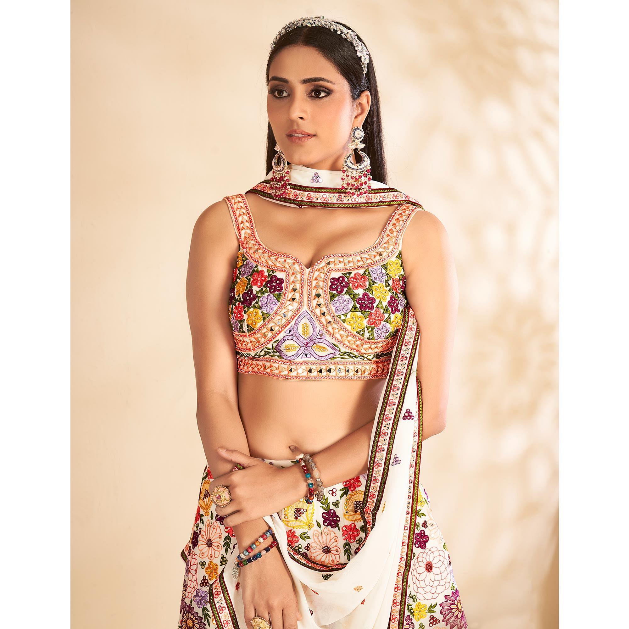 White Embellished With Embroidered Georgette Lehenga Choli - Peachmode