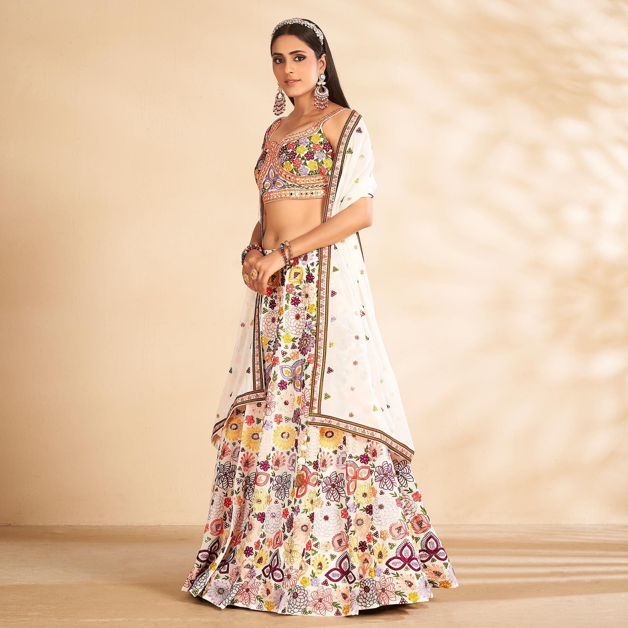 White Embellished With Embroidered Georgette Lehenga Choli - Peachmode
