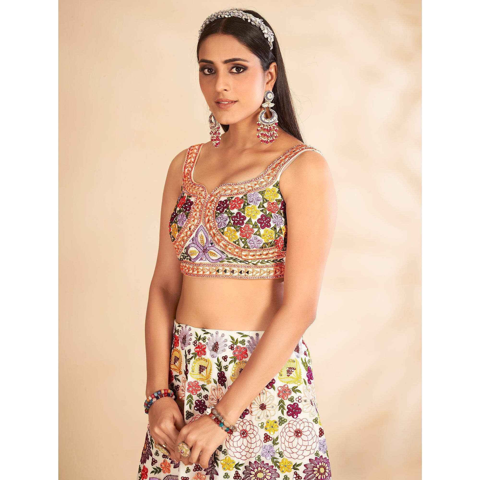 White Embellished With Embroidered Georgette Lehenga Choli - Peachmode