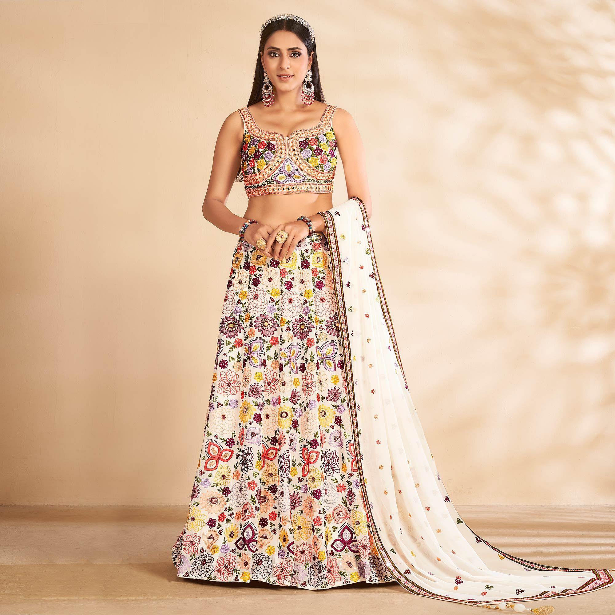 White Embellished With Embroidered Georgette Lehenga Choli - Peachmode