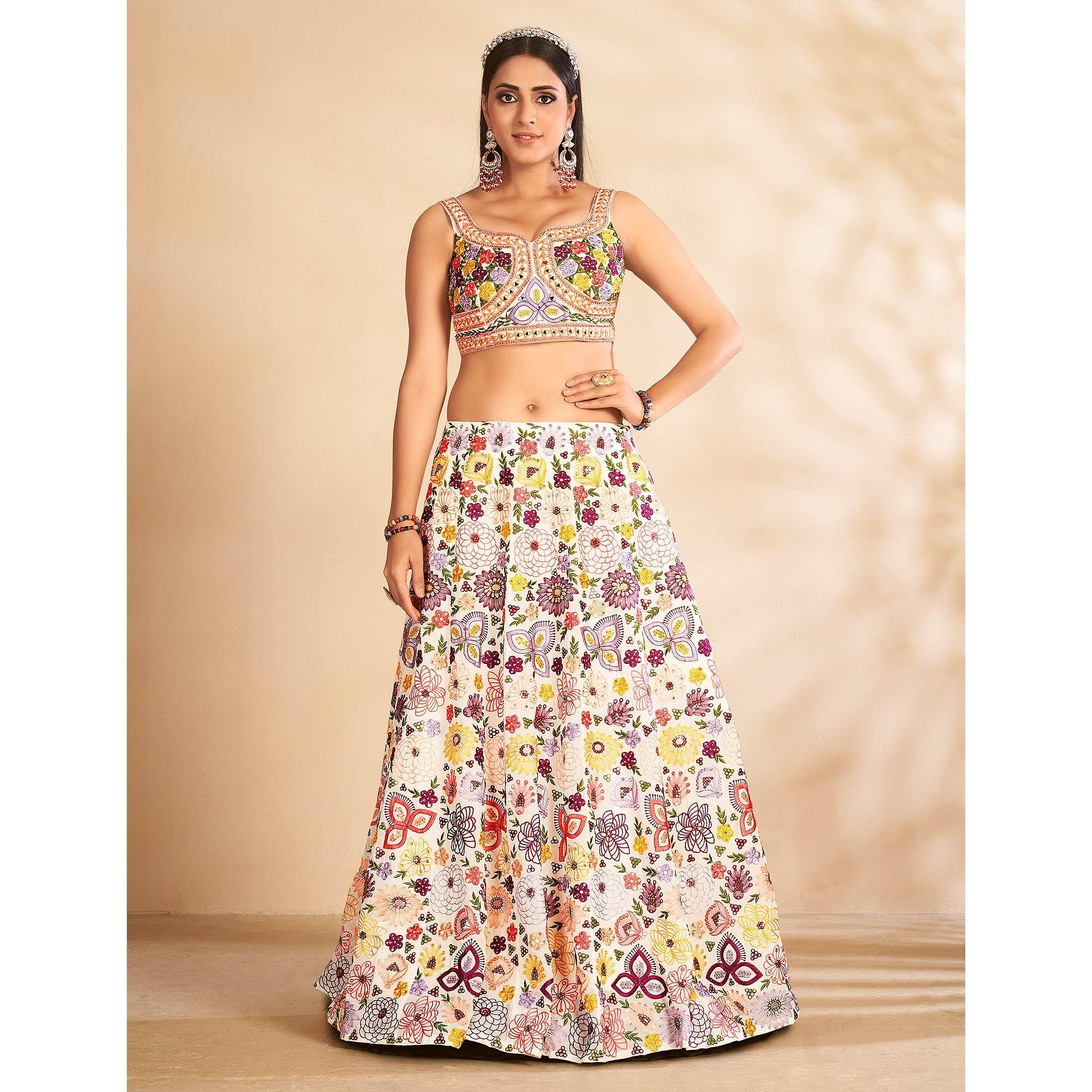 White Embellished With Embroidered Georgette Lehenga Choli - Peachmode