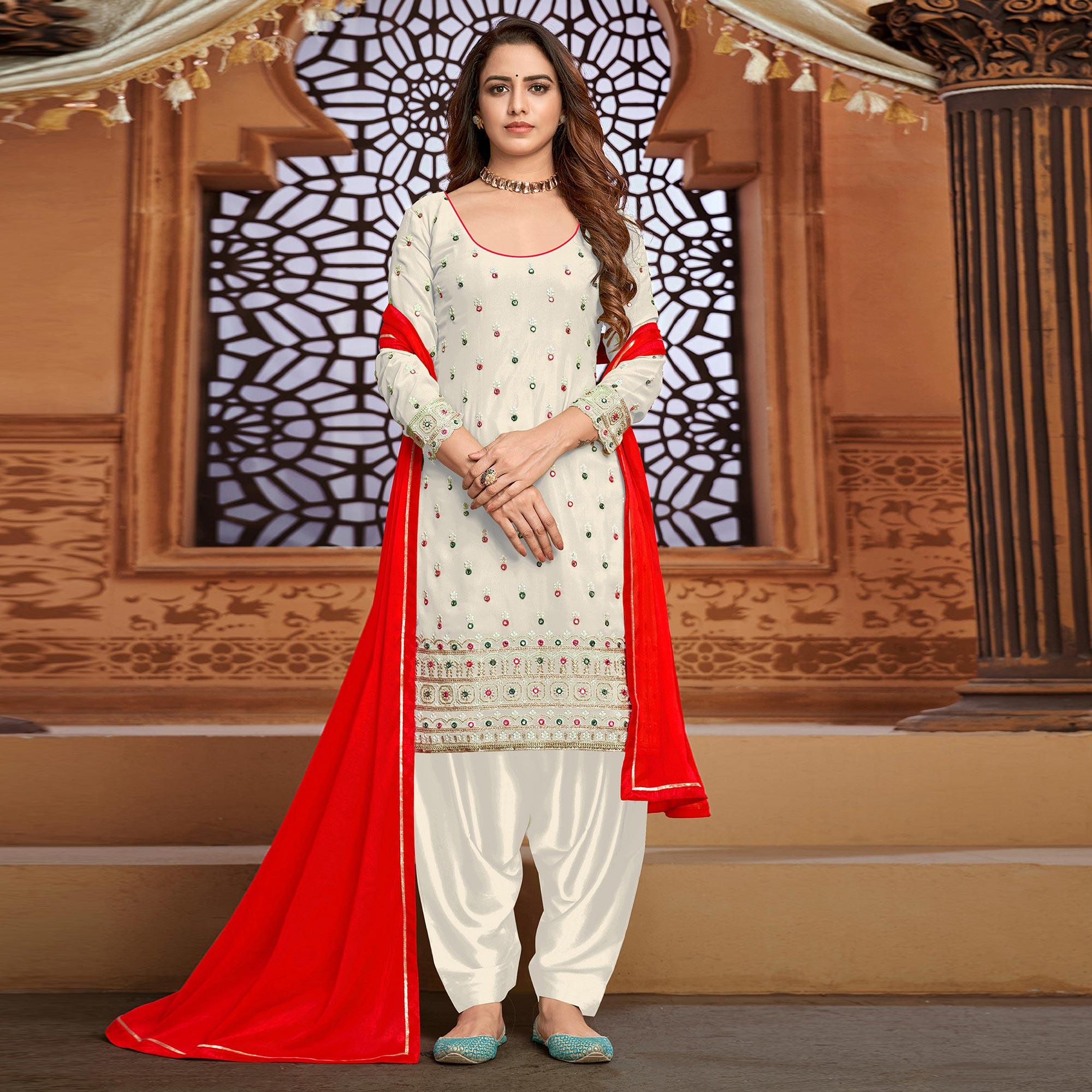 White Embroidered Faux Georgette Partywear Patiyala Suit - Peachmode
