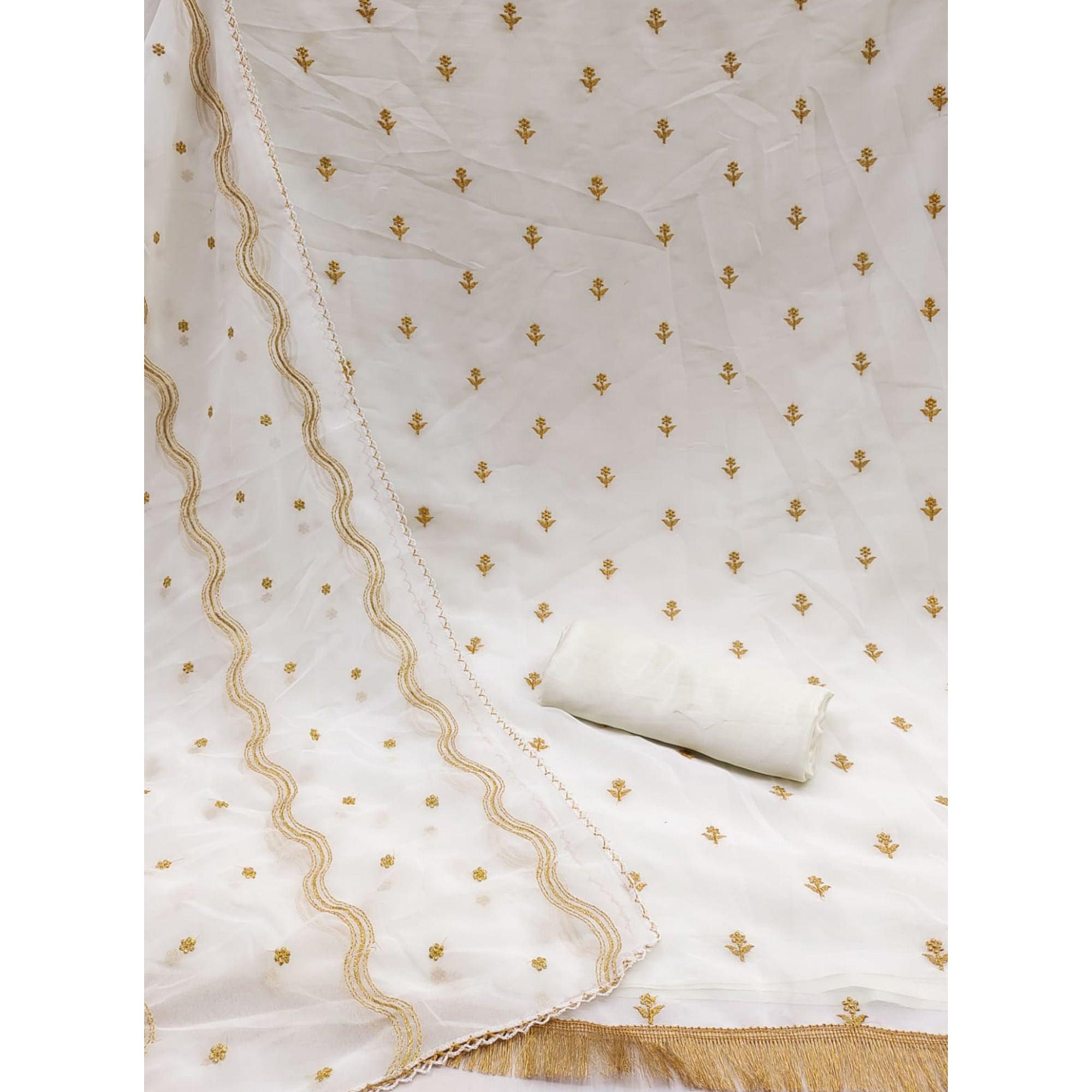 White Embroidered Georgette Dress Material - Peachmode