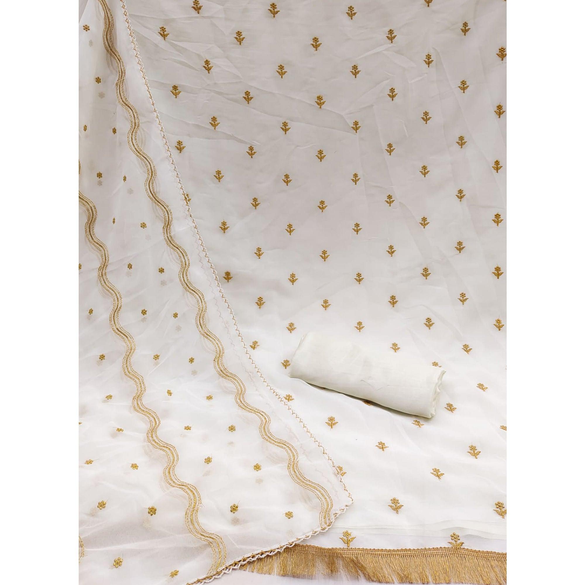 White Embroidered Georgette Dress Material - Peachmode