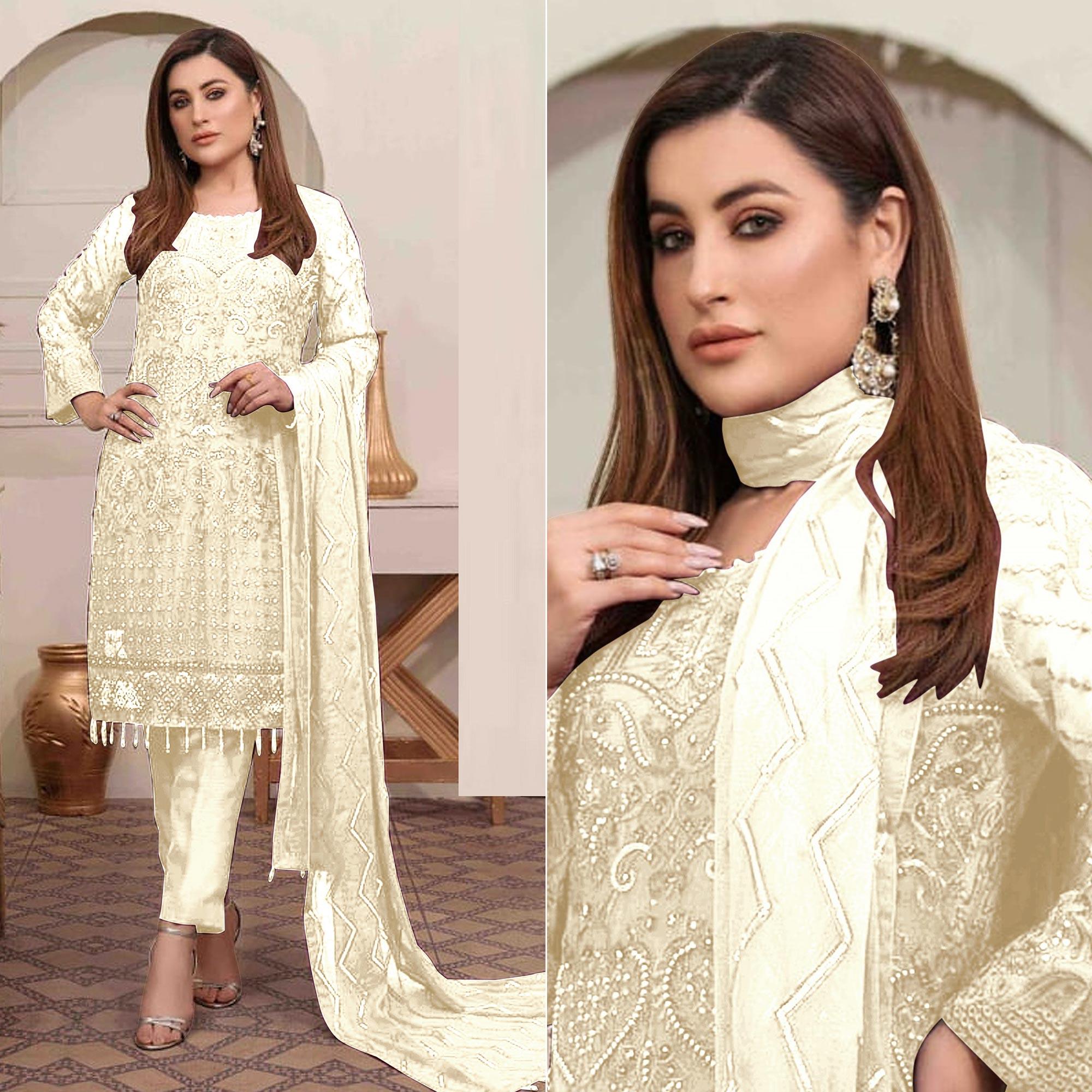 White Embroidered Georgette Pakistani Suit - Peachmode