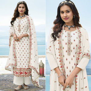White Embroidered Georgette Palazzo Suit - Peachmode