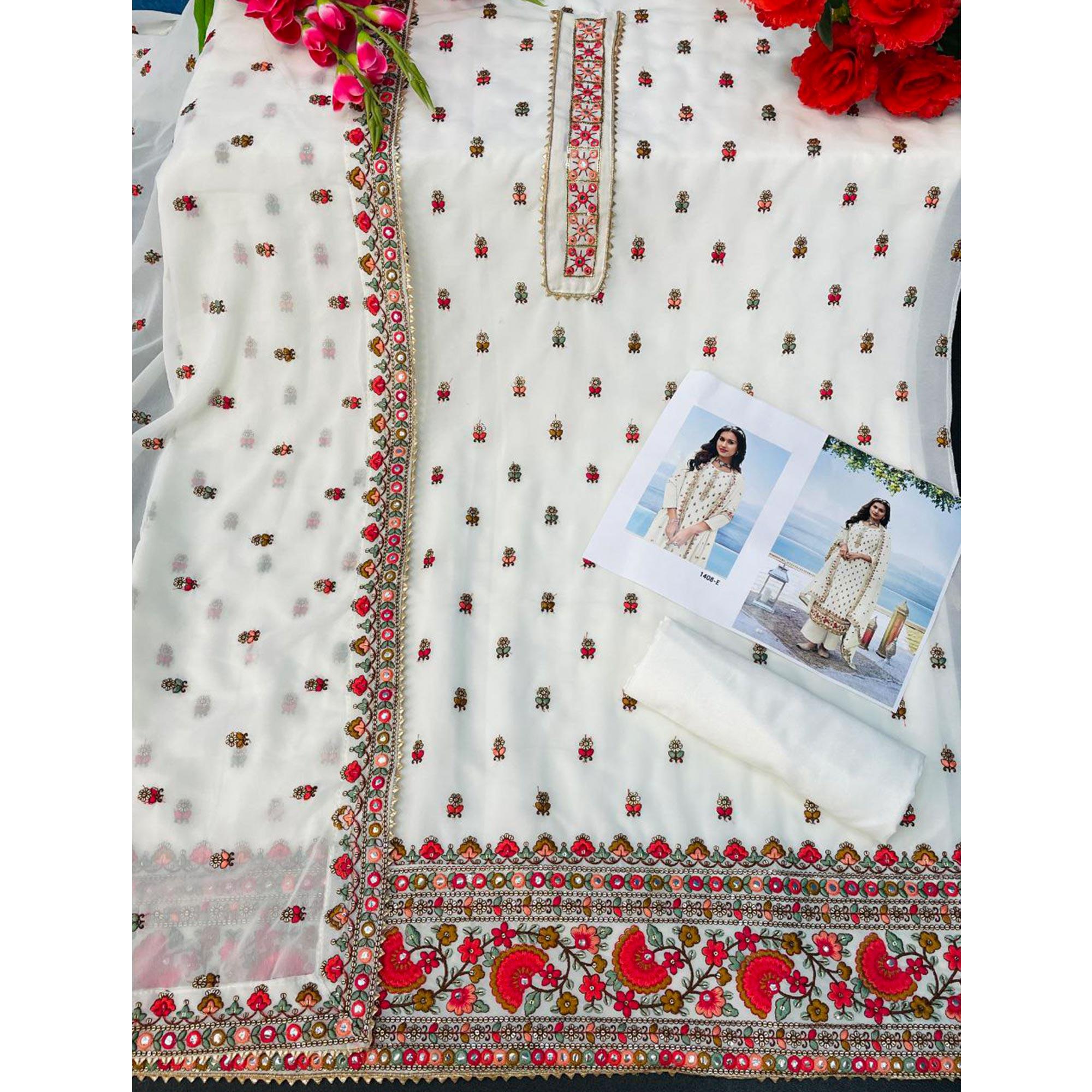 White Embroidered Georgette Palazzo Suit - Peachmode