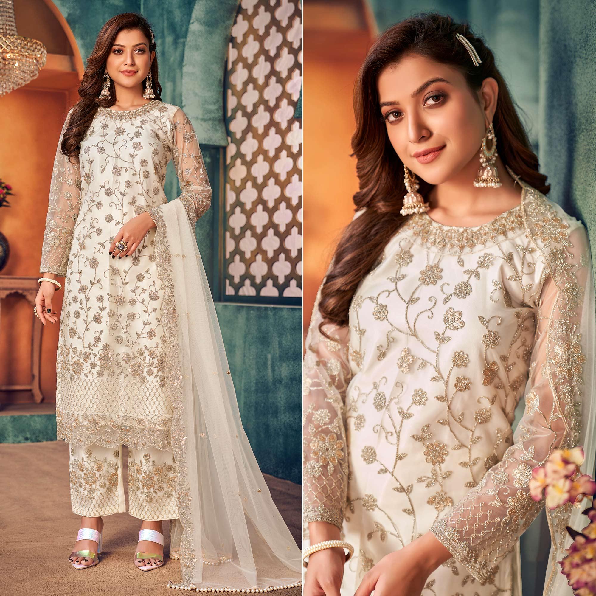 White Embroidered Netted Pakistani Suit - Peachmode