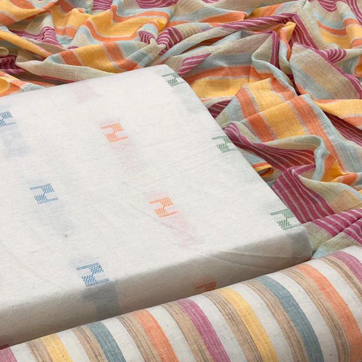 White Embroidered Pure Cotton Dress Material - Peachmode