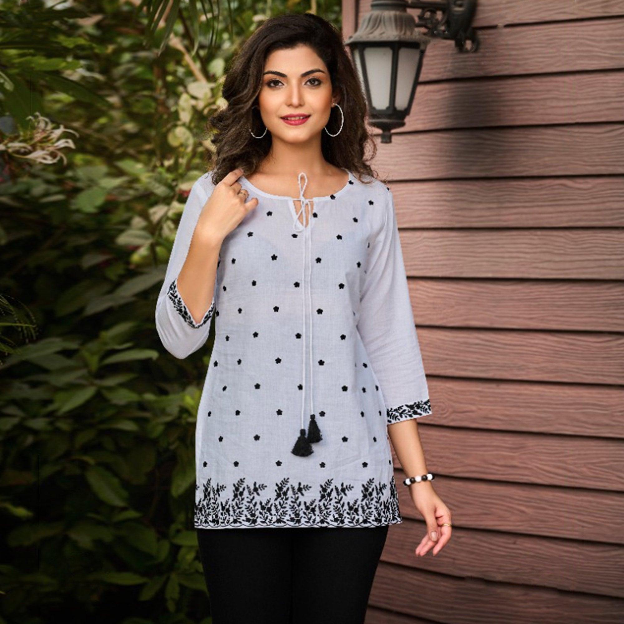 White Embroidered Pure Cotton Top - Peachmode