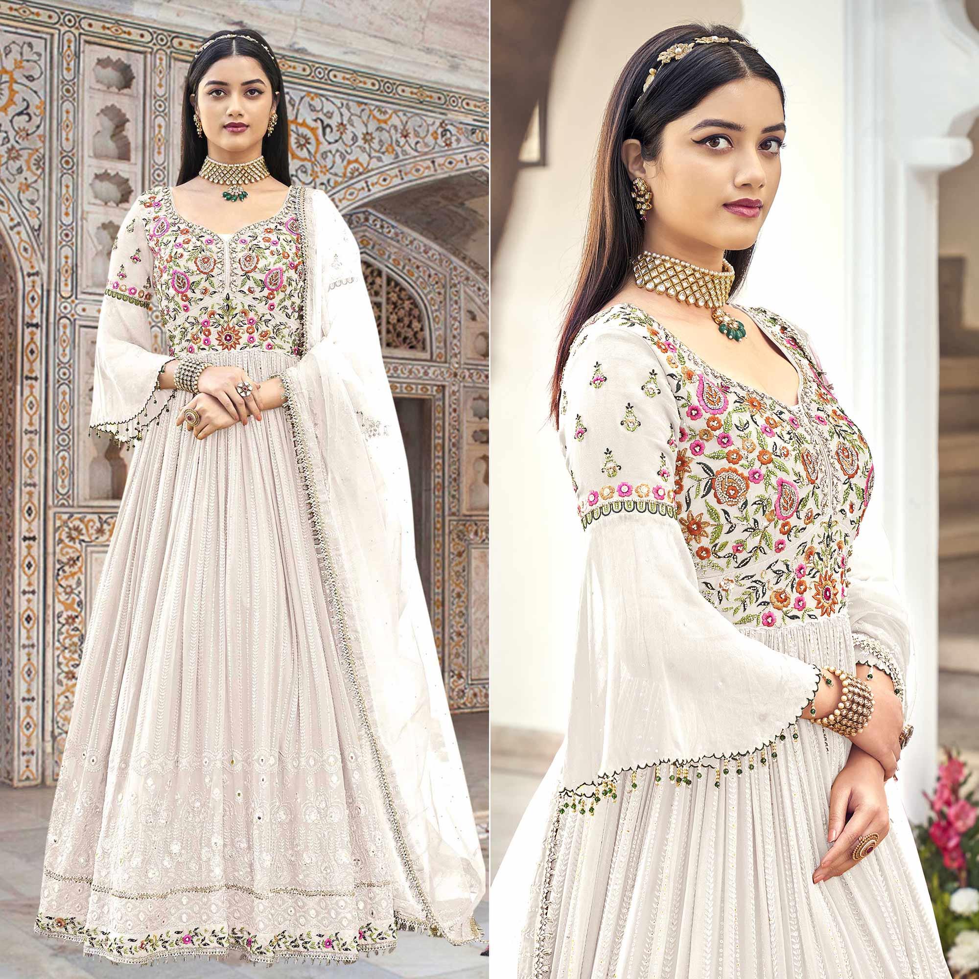 White Embroidered With Embellished Georgette Anarkali Style Gown