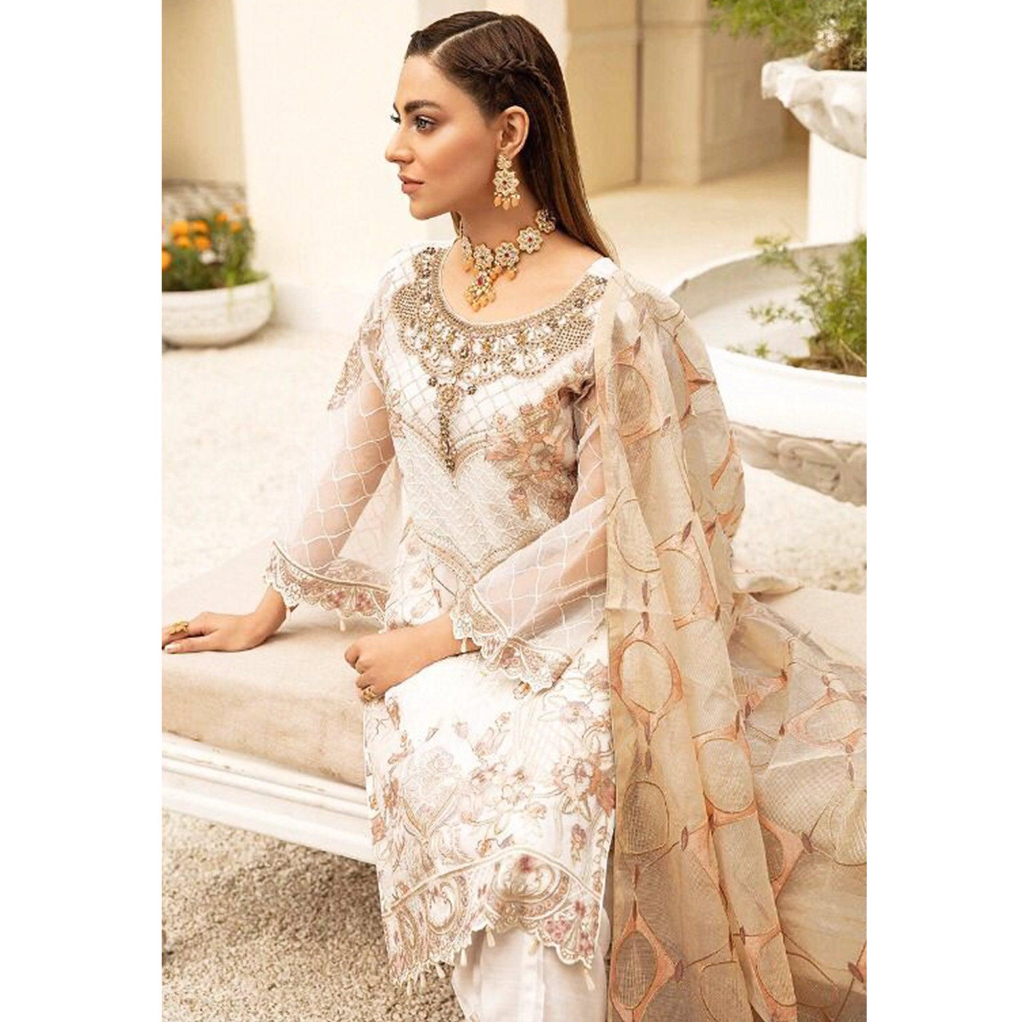 White Embroidered With Embellished Georgette Pakistani Suit - Peachmode