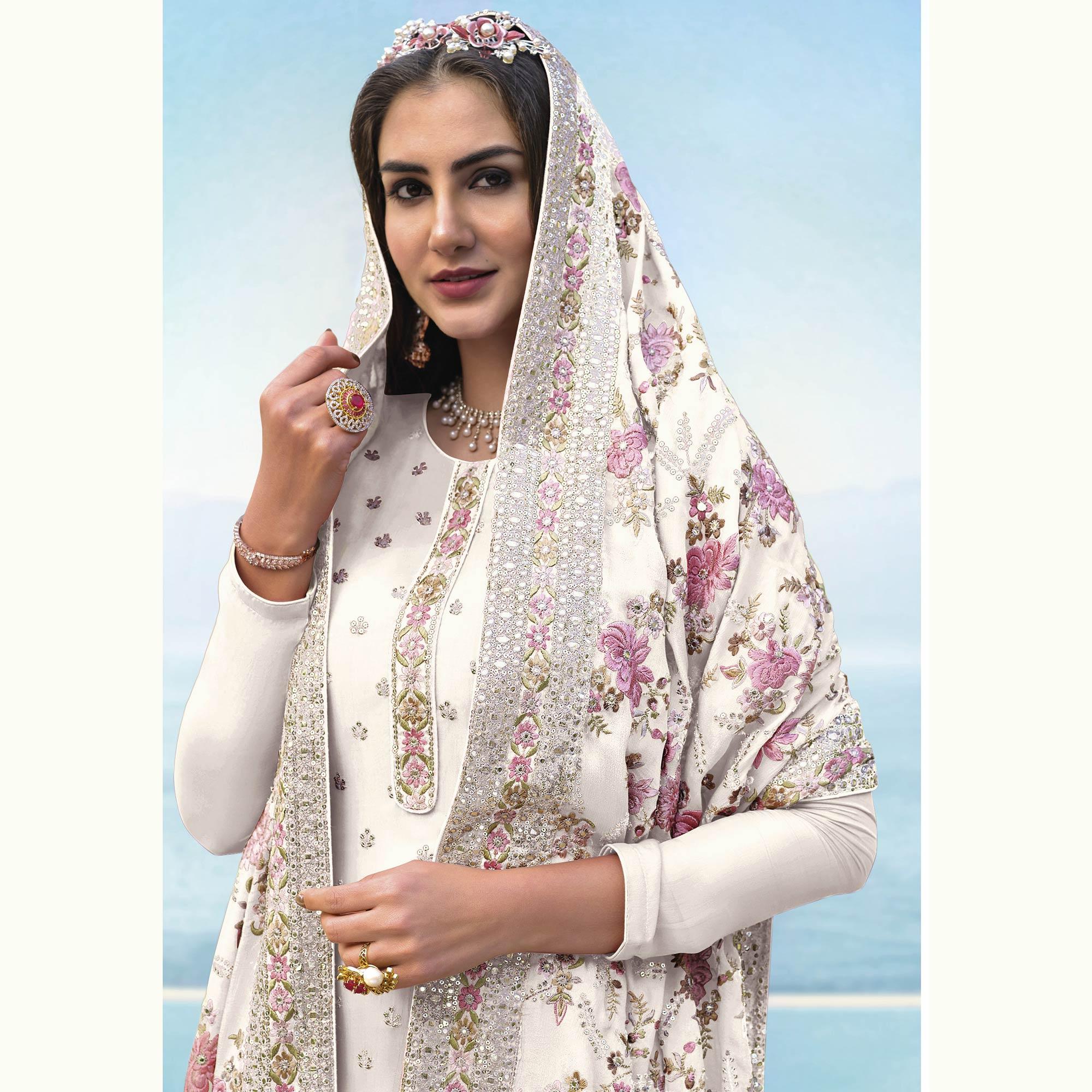 White Embroidered With Embellished Georgette Salwar Suit - Peachmode