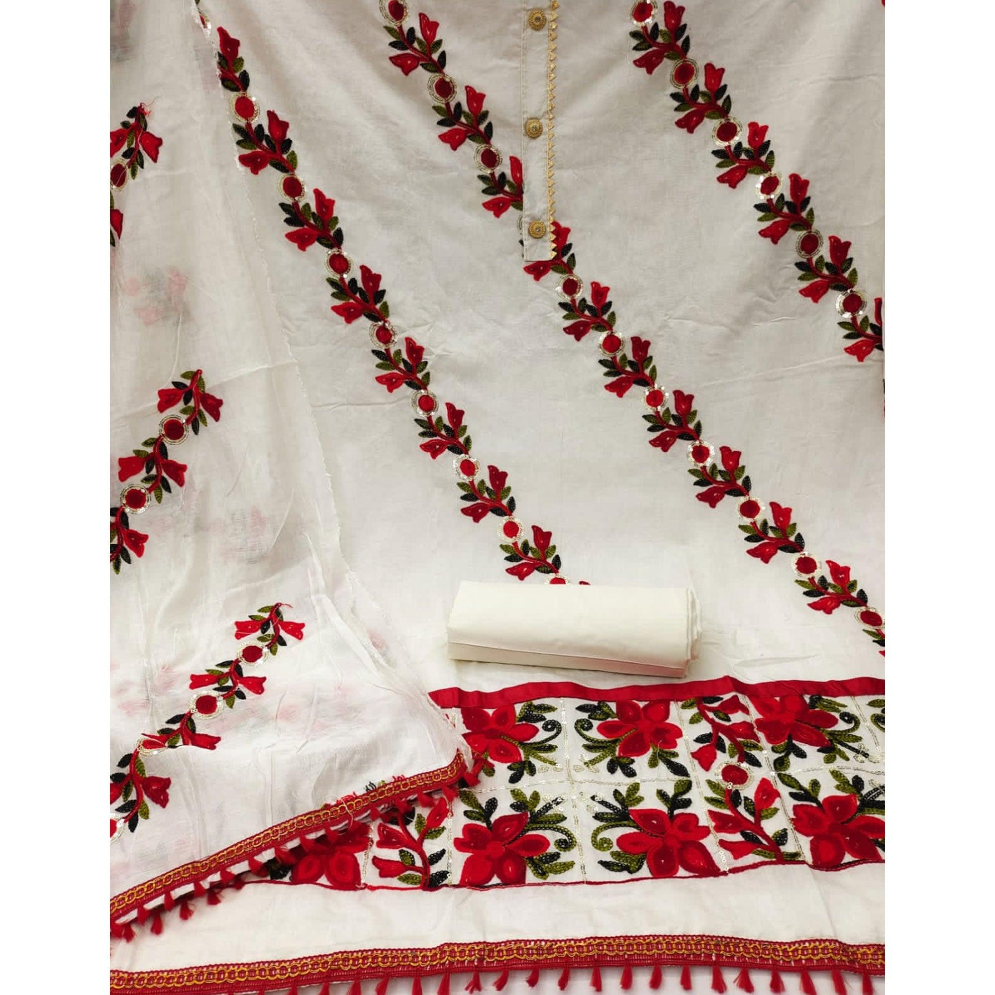 White Embroidered With Embellished Poly Cotton Dress Material - Peachmode