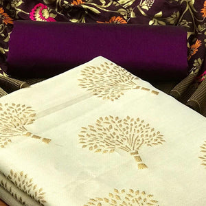 White Festive Wear Embroidered Banarasi Silk Dress Material - Peachmode