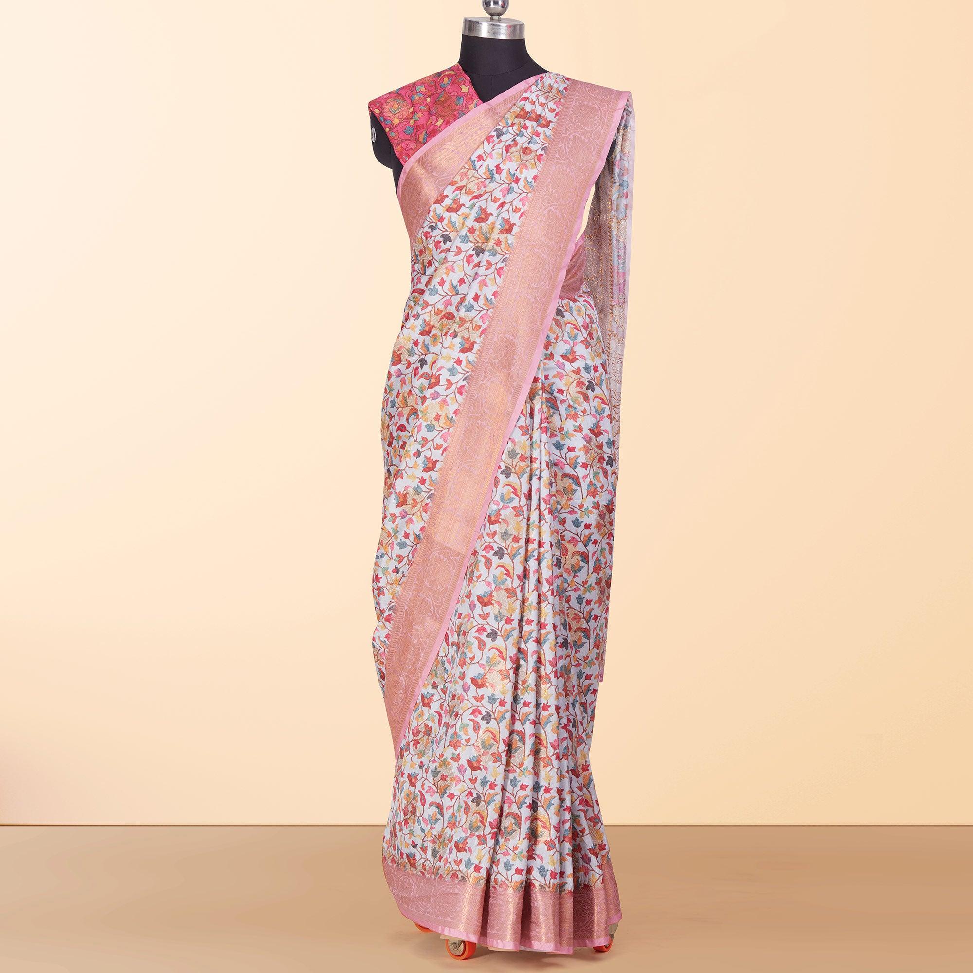 White Festive Wear Floral Digital Printed Woven Silk Saree - Peachmode