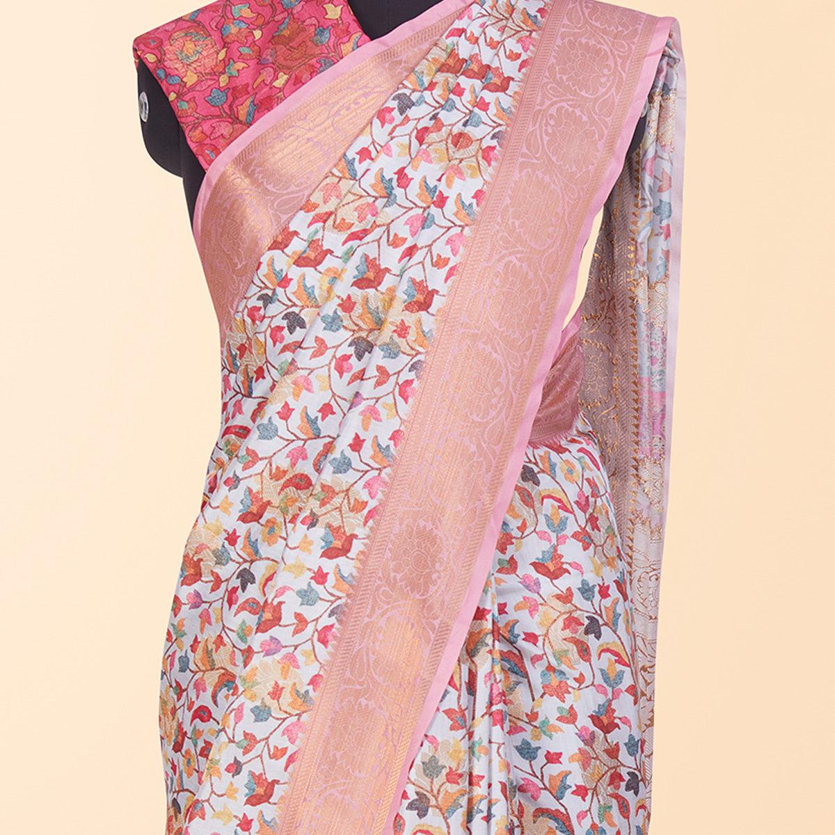 White Festive Wear Floral Digital Printed Woven Silk Saree - Peachmode