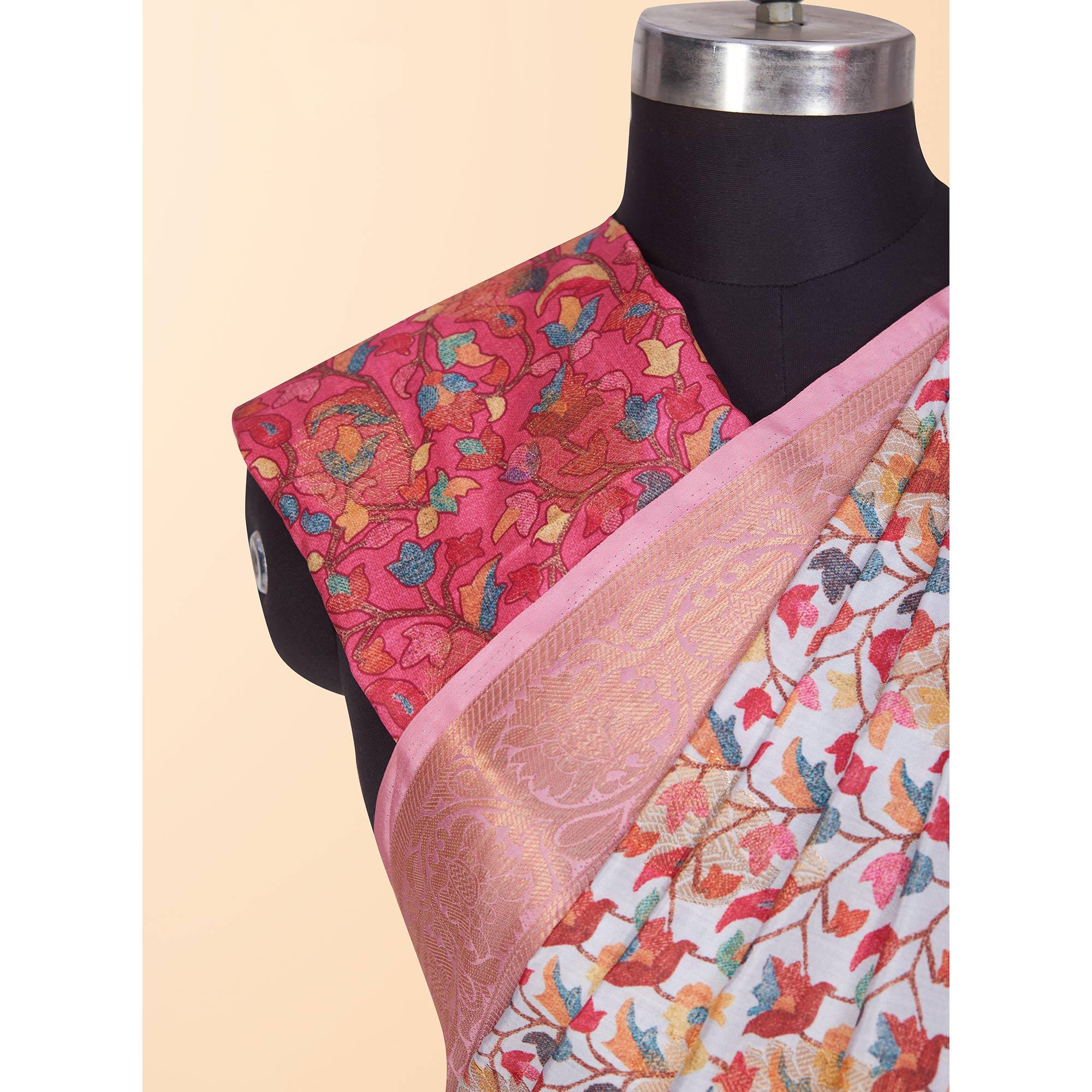 White Festive Wear Floral Digital Printed Woven Silk Saree - Peachmode
