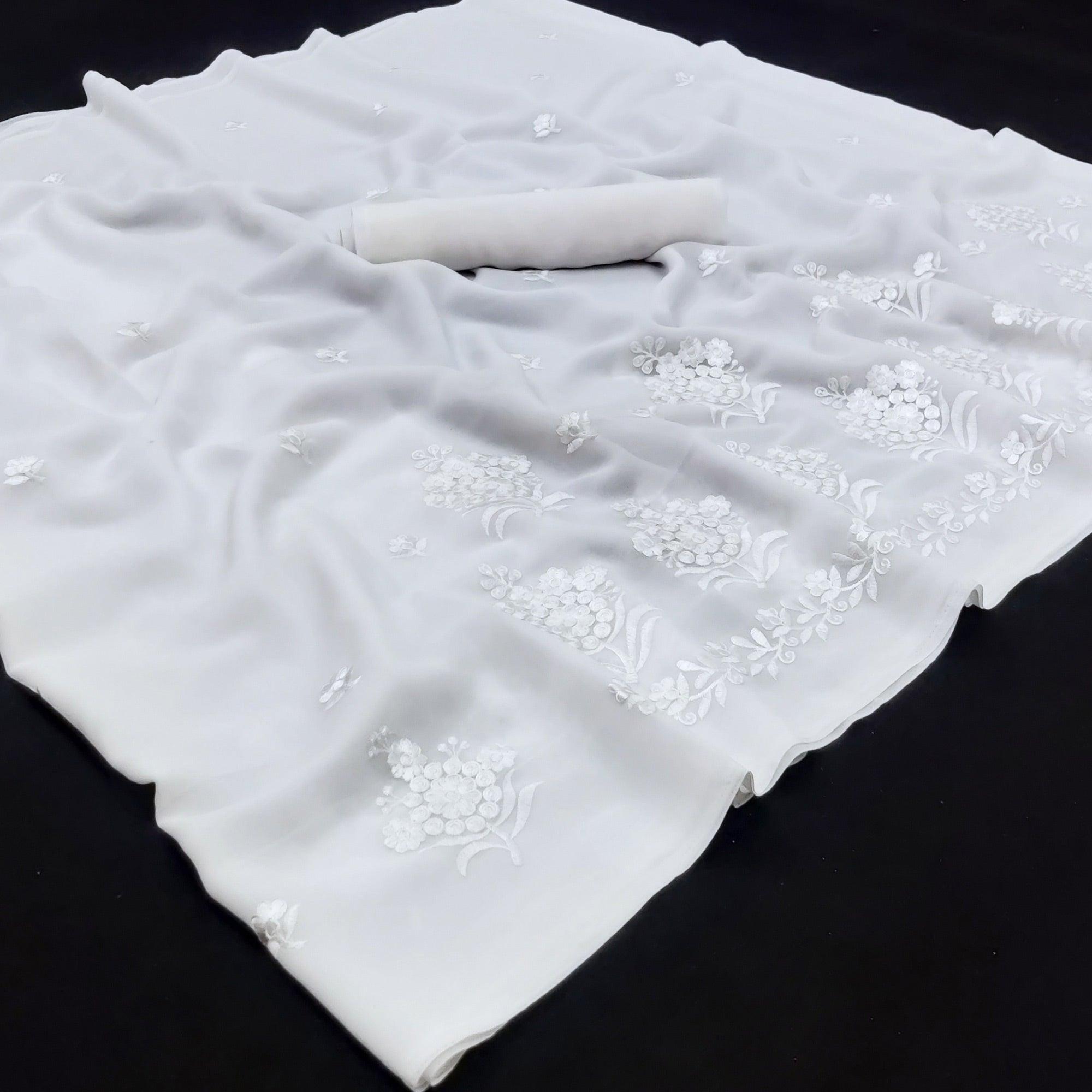 White Festive Wear Floral Embroidered Georgette Saree - Peachmode