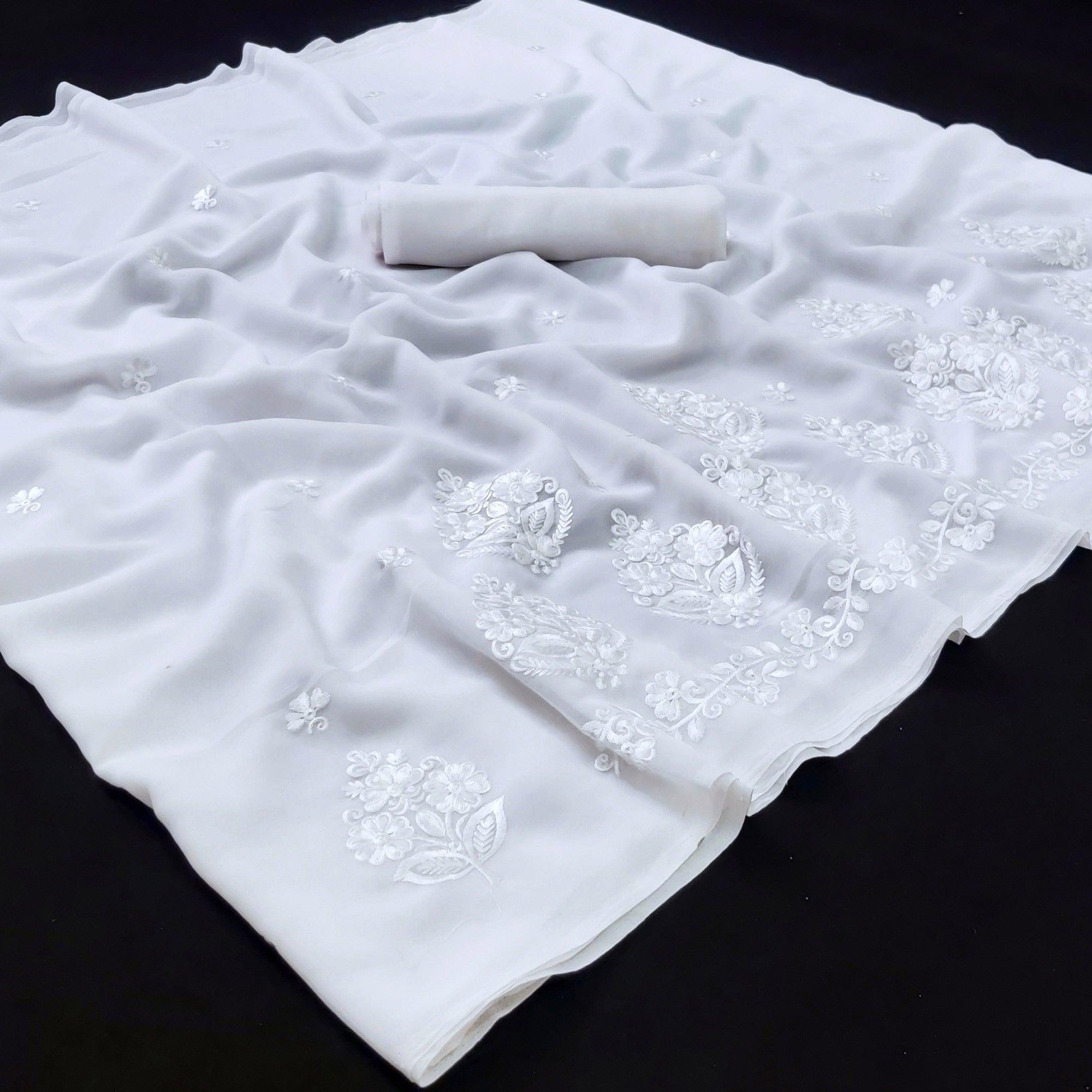 White Festive Wear Floral Embroidered Georgette Saree - Peachmode