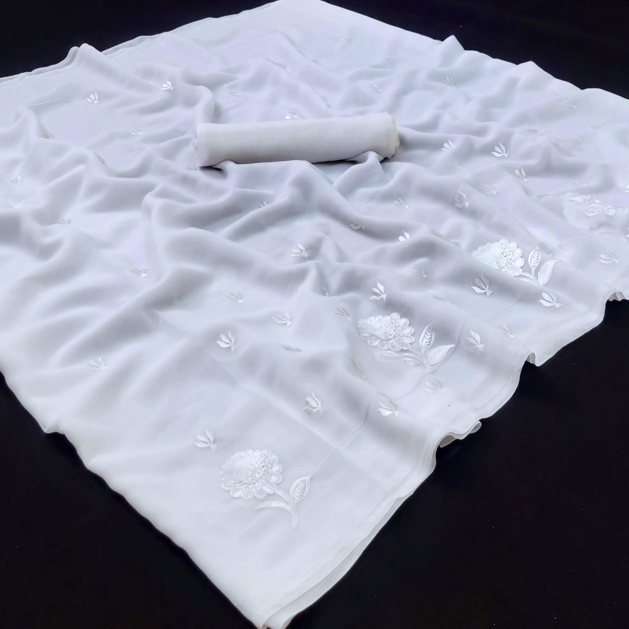White Festive Wear Floral Embroidered Georgette Saree - Peachmode